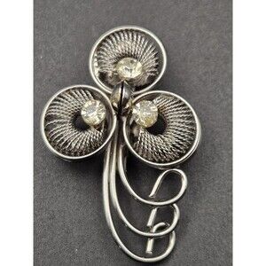 Vintage Stylized Filigree Brooch Clear Stones Beautiful Bouquet Silver Tone